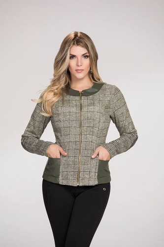 Chaqueta Para Dama En Paño Escocés Y Cuero