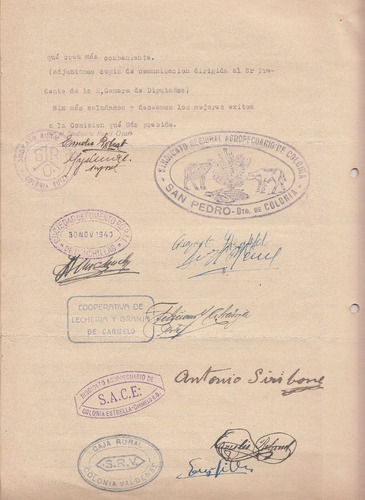 1940 Cooperativas Agropecuarias Colonia Nota Sellos Y Firmas