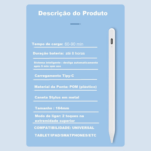 Caneta Touch P/ Tablet Samsung A8 A9+ Redmi Pad iPad iPhone