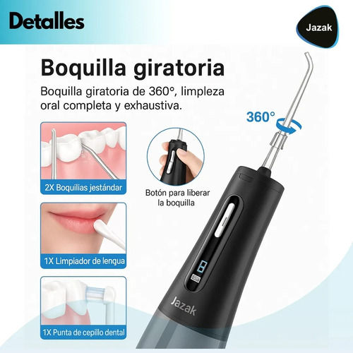 Irrigador Dental Eléctrico Jazak / Linea Profesional / Con 4 Boquillas + Cepillo De Dientes / Giro 360° / Presión Ajustable / Ipx7 / Portátil / Higiene Bucal / Limpieza Interdental / Cuidado Encías