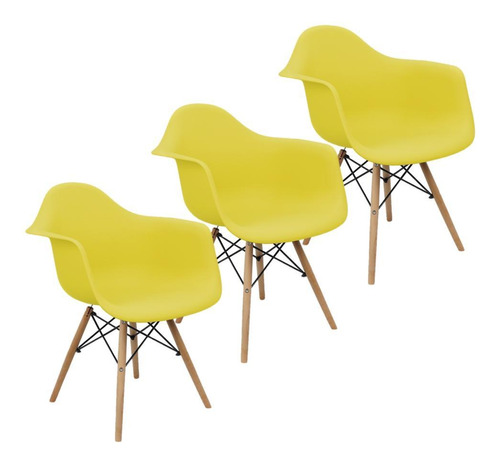 Kit 3 Cadeiras Charles Eames Eiffel Com Braço Amarela