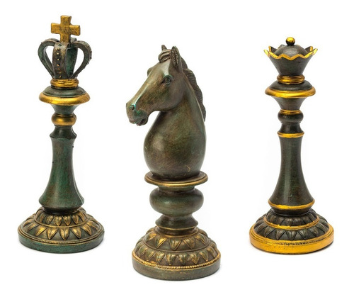 Peças De Xadrez Resina Trio Rei Rainha Cavalo Decoração Cor Verde e Dourado