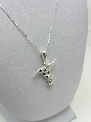 Collar Colgante Colibrí Circon Negro En Plata 925 Mas Caja