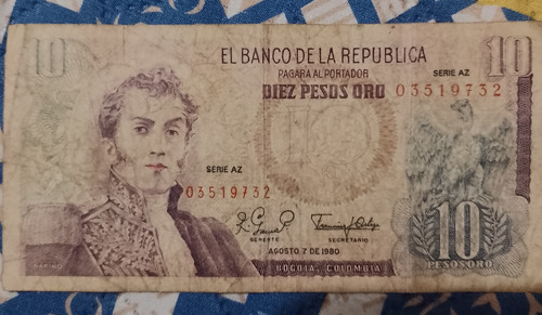 Billete De 10 Pesos De Agosto 7 De 1980