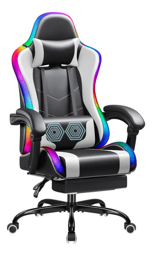 Shahoo Silla De Juegos Con Luces Led Rgb Reposapiés Y Blanco Material Del Tapizado