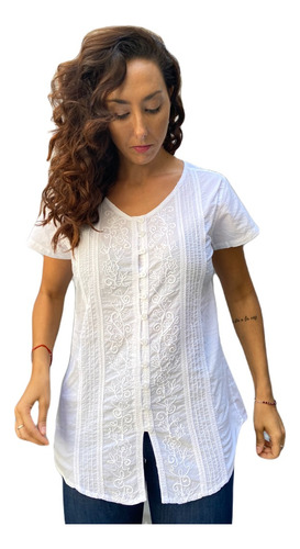 Camisa Blusa Blanca Algodon Batista Hindu Bordada Grande