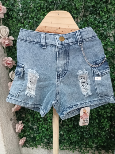 Short Jean Mom Cargo Roturas Con Cadena Para Niñas