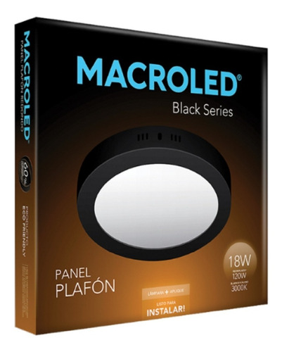 Panel Plafon Led 18w Redondo Negro Aplicar 3000k Macroled