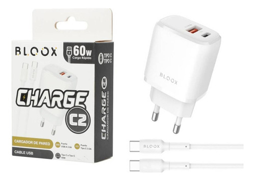 Cargador Bloox Usbc 60w + Cable Tipo C Dimm Color Blanco