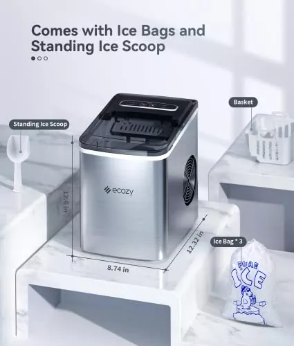 ecozy Máquina de hielo portátil, 9 cubos listos en 6 minutos, 26.5 libras  en 24 horas, máquina de hielo autolimpiante con bolsas de hielo, cuchara de