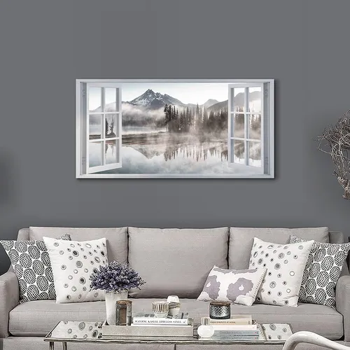 Cuadro De Ventana De Lago Para Pared: Lienzo Estampado De Pa