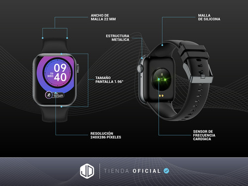 Imagen 3 de 10 de Smartwatch Reloj Inteligente Jd Milán Negro 1.96 Spo2 + Cta
