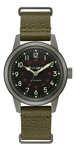 Reloj Bulova Military Hack Watch Bl98a255 Color de la correa Verde militar Color del bisel Plateado Color del fondo Negro