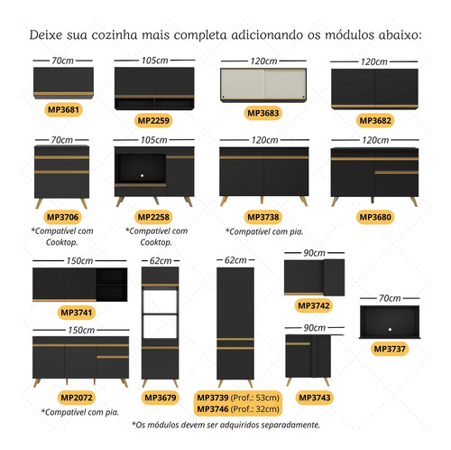 Armário de Cozinha Modulada Completa 357cm com Balcão para Cooktop Veneza Multimóveis MP2274 Cor Preto/dourado