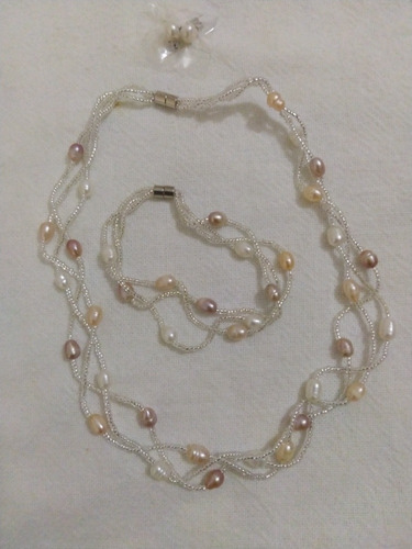Conjunto Colar Pulseira E Brincos Pérolas Verdadeiras