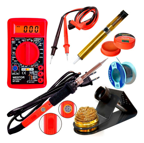 Kit Multímetro+cautín+soporte Lupa+succionador+flux+estaño