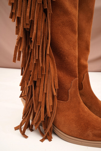 Botas Texanas Mujer Caña Alta Cuero Gamuza 100% Flecos Berna