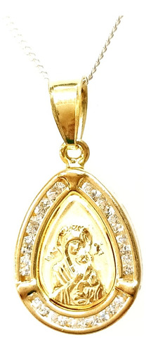 Med P. Socorro Gota Chapa Oro 18k Y Zirconia Y Cadena Plata