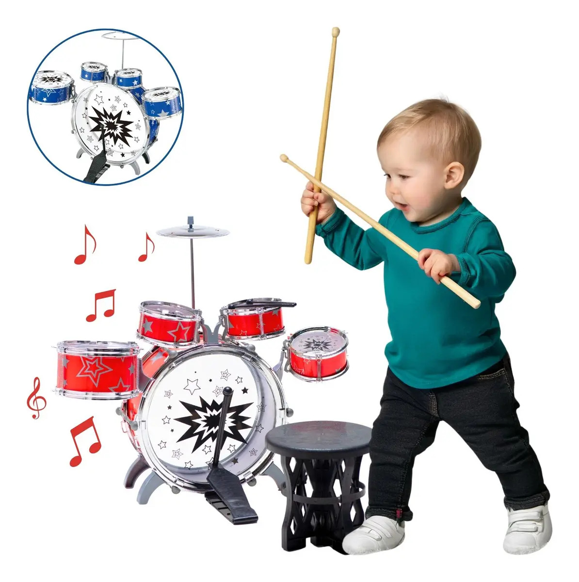 Atentu Mini bateria infantil atentu banquinho brinquedo com 5 tambores vermelho