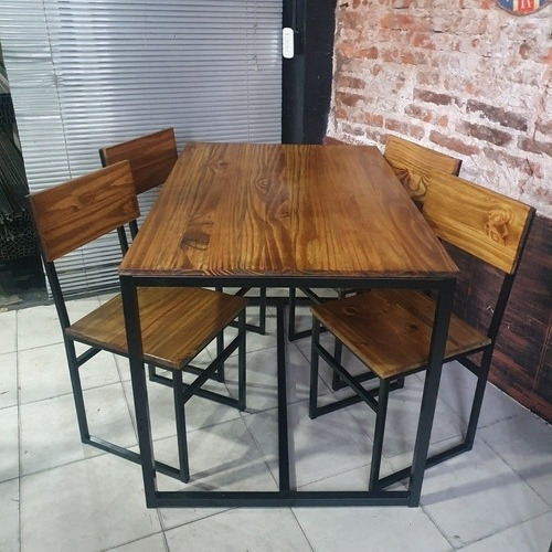 Imagen 2 de 3 de Mesa Hierro Y Madera 140x80 + 4 Sillas Industriales Exterior