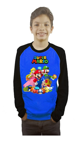 Polera Mario Bros Niños Manga Larga Estampada Dtf Cod 005