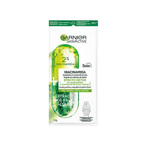 Imagen 2 de 7 de Ampolleta En Mascarilla De Tela Kale Efecto Detox Garnier