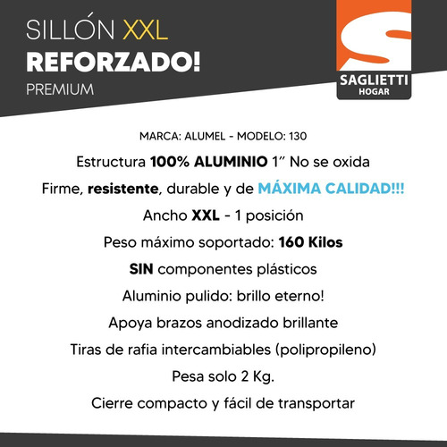 Imagen 3 de 8 de Sillon Aluminio Ancho Xxl Super Reforzado 160 Kg Alumel