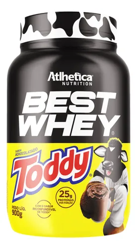 Frasco de proteína Best Whey Toddy 900g com tampa de padrão de couro de vaca e rótulo preto e amarelo.
