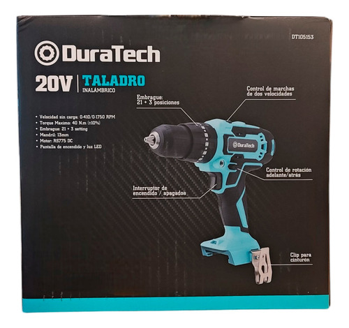 Taladro Inalámb Percutor 2 Veloc. 40nm Duratech 20v 1750 Rpm