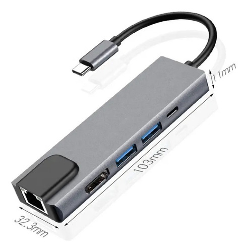 Hub Adaptador Usb Tipo C 5 En 1 Hdmi 4k 60hz, Rj45 Lan, Usb