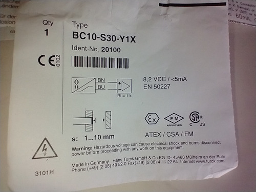 Sensor Turck Capacitivo Bc10-s30-y1x Atex Germany