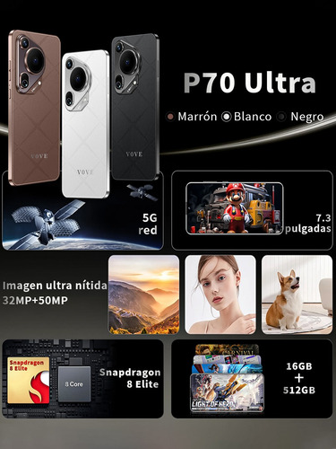 El Teléfono Más Vendido En 2025 P70 Ultra Dual Sim Smartphone 16gb Ram 512gb Rom Android Phone Support Red 5g Internet Súper Rápido Celulares 8000mah Marrón