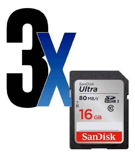 3x Cartão Sd Sandisk 16gb Sdhc Ultra 80mbs