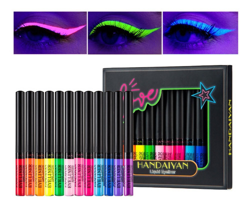 12 Delineadores Colorido Luz Uv Neon Balada Olho De Gatinho Cor 12 cores