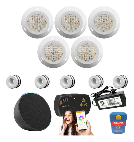 Kit Iluminação Piscina 50mm 100m² 5 Led 9w, Smart Lux, Alexa