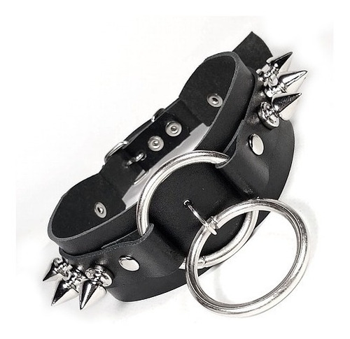 Gargantilha Choker De Couro Spikes Argolas Fivela Punk Rock