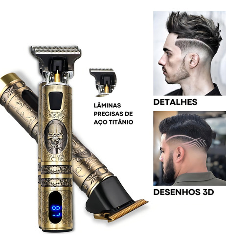 Maquina De Cortar Cabelo E Barbear Visor Lcd Led Metal Retrô Cor Dourado 127/220V