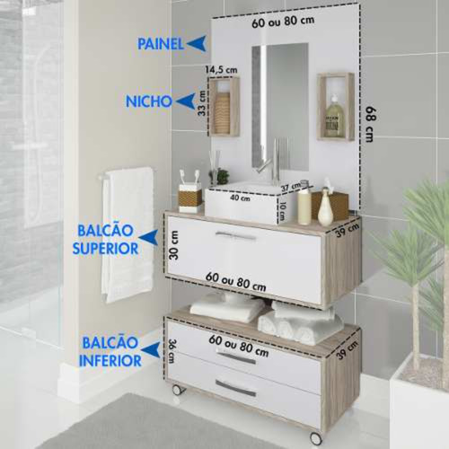 Gabinete Para Banheiro 60cm Com Painel Class Cor Marrom/branco - Arte Cas