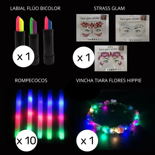 Imagen 3 de 10 de Combo Cotillon Luminoso Led Neon 100 Personas + Labial Fluo