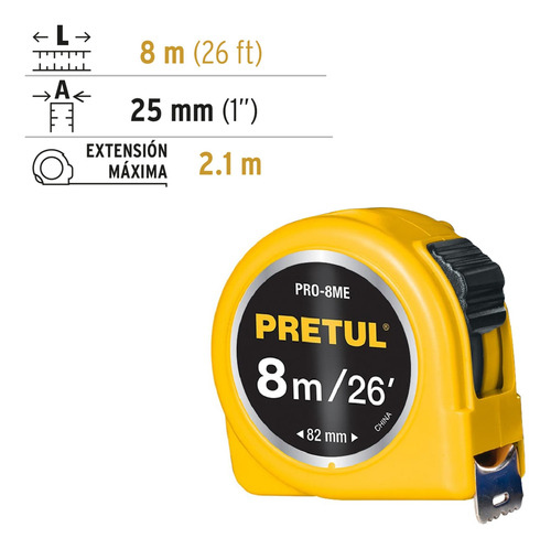 Wincha Cinta Métrica Flexómetro Amarillo 8 M Cinta 25 Mm