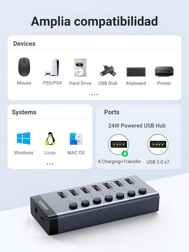 Hub Usb 3.0 De 7 Puertos Ugreen Para Pc Lap Macbook Air Pro