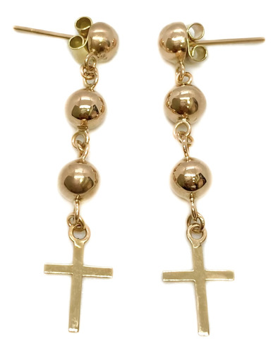 Aros Colgantes Bolas Y Cruz Oro 18k