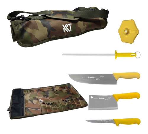 Set Estuche Chef Camuflado+2cuchillos+hacha+chaira+p/ Afilar