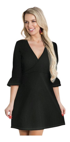 Vestido Curto Feminino Evasê Mangas 7/8 Decote Transpassado