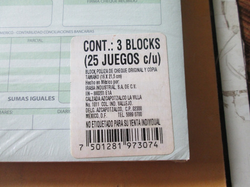 Póliza De Cheque Origina Y Copia Pcformi 75 Juegos 16x21.5cm (Usado)