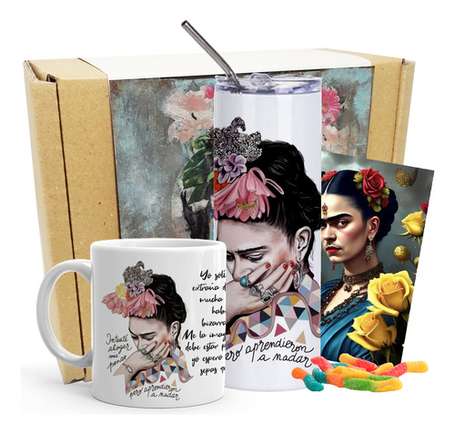Kit De Regalo Con Taza Termo Frida Kahlo Personalizado