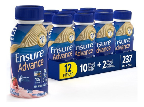 Pack 12 Botellas Ensure Advance 10 Fresa 2 Vainilla 237mlc/u