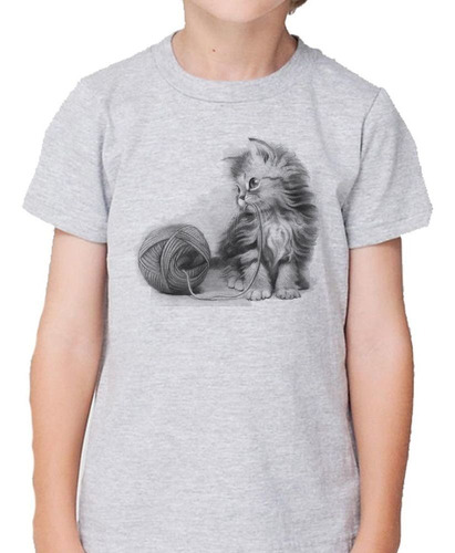 Remera De Niño Gato Jugando Dibujo Lapiz Arte