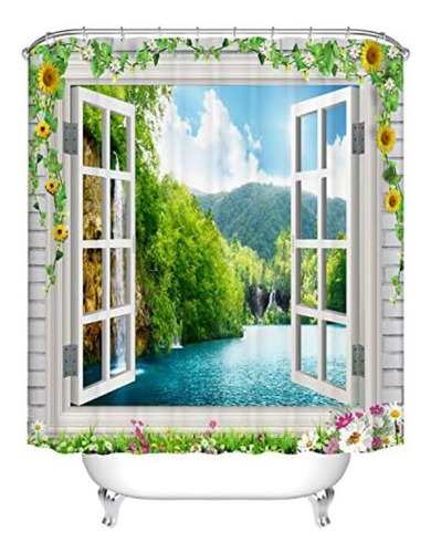 Dodou Cortina Ducha Playa Con Ventana Flor Sol 3d, Paisaje X