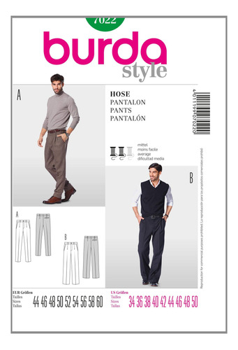 Burda Estilo Pantalon Costura Para  Patron 7022